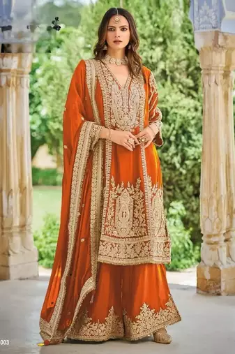 Orange heavy chinon embroidered palazzo suit set