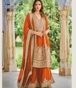 Orange heavy chinon embroidered palazzo suit set