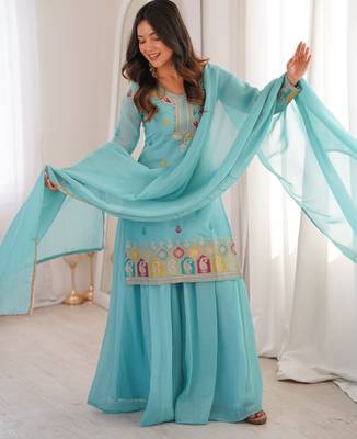 Women's Gorgeous Embroidery Work Crunchy Silk Fabric Straight Kurta Sharara and Dupatta Set 4