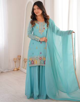 Women's Gorgeous Embroidery Work Crunchy Silk Fabric Straight Kurta Sharara and Dupatta Set 5