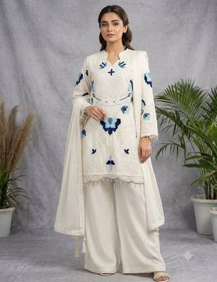White soft organza embroidered palazzo suit set 1