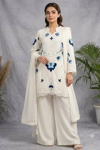 White soft organza embroidered palazzo suit set