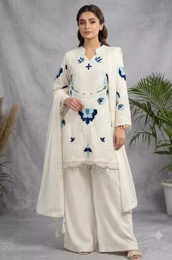 White soft organza embroidered palazzo suit set