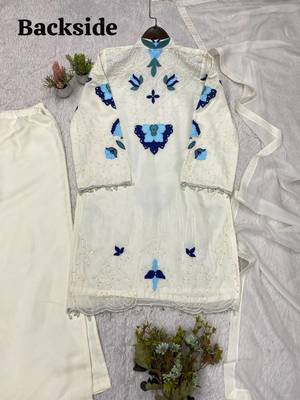White soft organza embroidered palazzo suit set 3