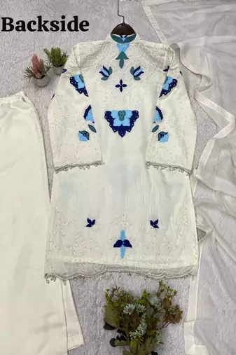 White soft organza embroidered palazzo suit set