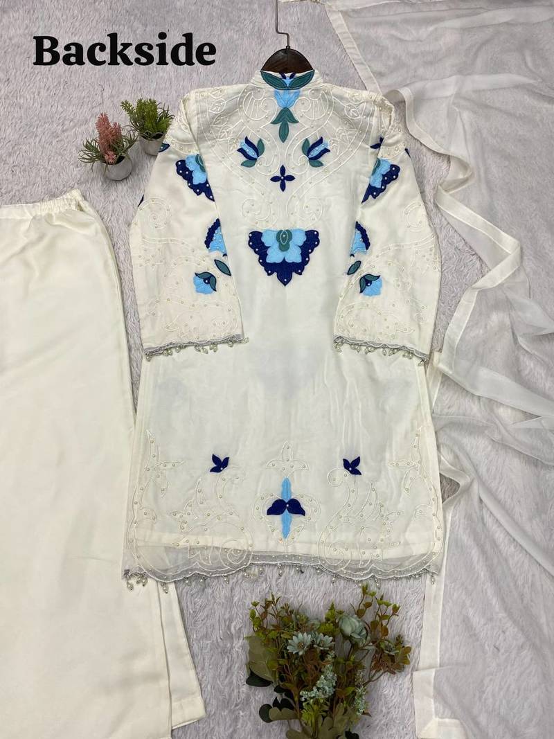 White soft organza embroidered palazzo suit set