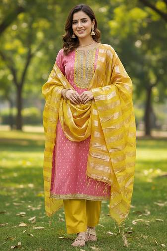 pink weaved shimmer jacquard butti unstitched dress material 
