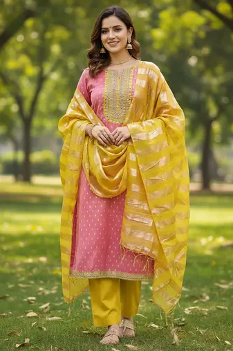 pink weaved shimmer jacquard butti unstitched dress material 