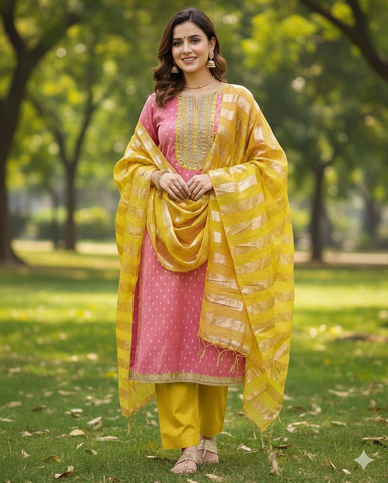 pink weaved shimmer jacquard butti unstitched dress material 
