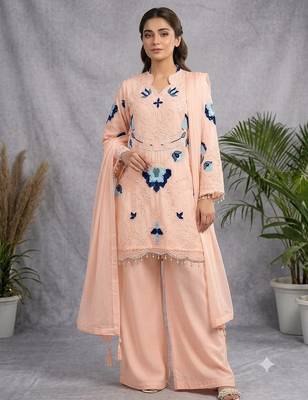 Peach soft organza embroidered palazzo suit set 1