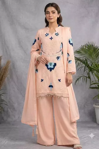 Peach soft organza embroidered palazzo suit set
