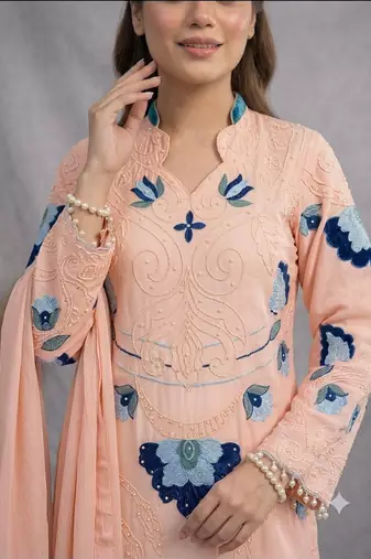 Peach soft organza embroidered palazzo suit set