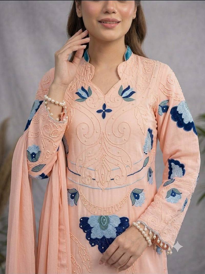Peach soft organza embroidered palazzo suit set