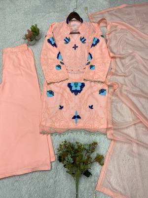 Peach soft organza embroidered palazzo suit set 3