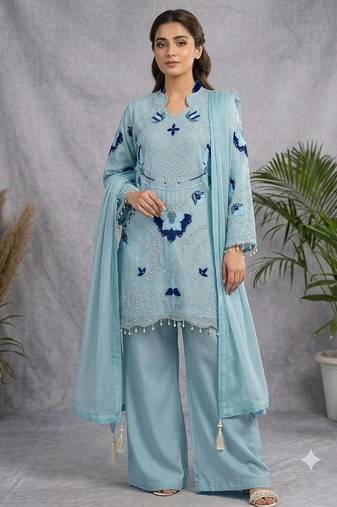 Sky blue soft organza embroidered palazzo suit set