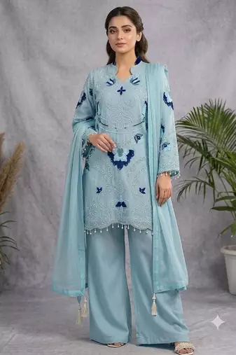 Sky blue soft organza embroidered palazzo suit set