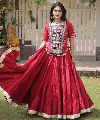RED Kora Cotton Navratri Lehenga Choli with Kutchi Patch Work | Fully Stitched Chaniya Choli for Navratri 1