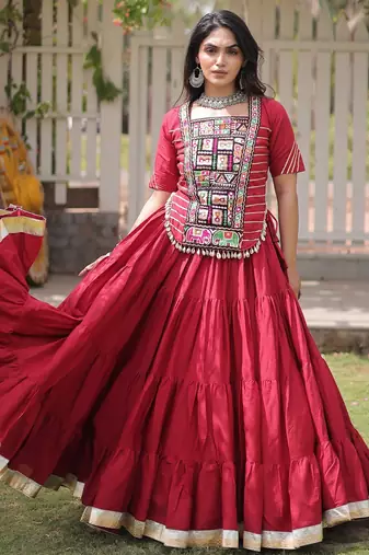 RED Kora Cotton Navratri Lehenga Choli with Kutchi Patch Work | Fully Stitched Chaniya Choli for Navratri