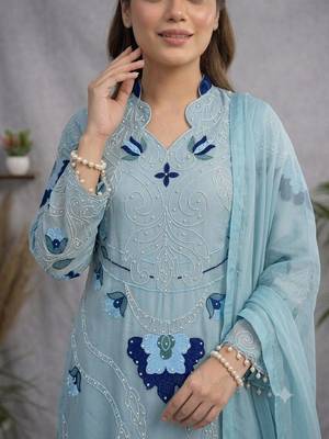 Sky blue soft organza embroidered palazzo suit set 2