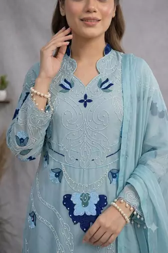 Sky blue soft organza embroidered palazzo suit set
