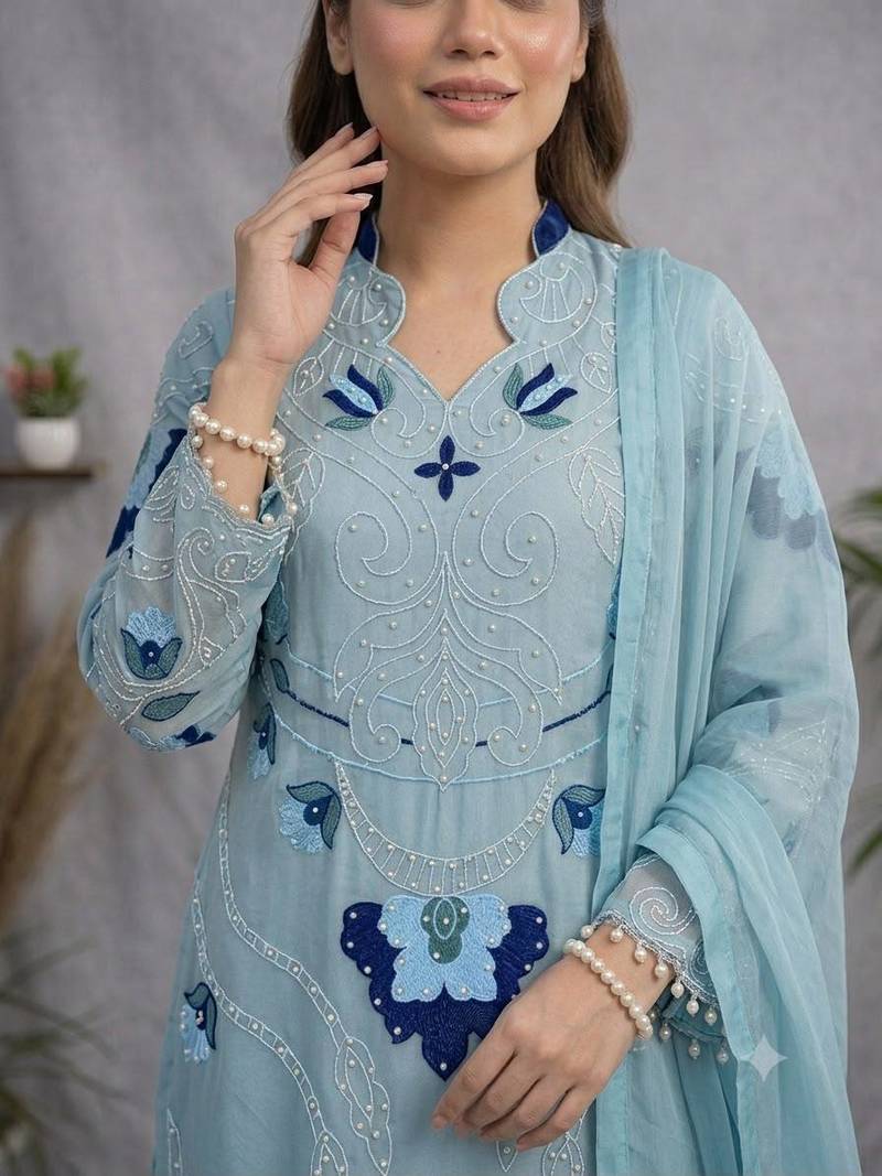 Sky blue soft organza embroidered palazzo suit set