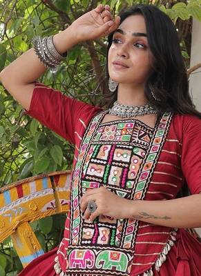 RED Kora Cotton Navratri Lehenga Choli with Kutchi Patch Work | Fully Stitched Chaniya Choli for Navratri 2