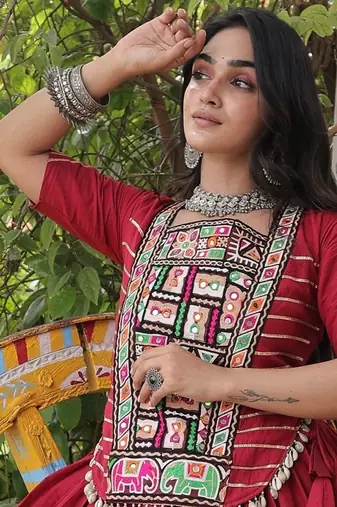 RED Kora Cotton Navratri Lehenga Choli with Kutchi Patch Work | Fully Stitched Chaniya Choli for Navratri