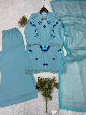 Sky blue soft organza embroidered palazzo suit set 3