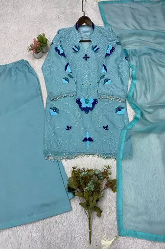 Sky blue soft organza embroidered palazzo suit set