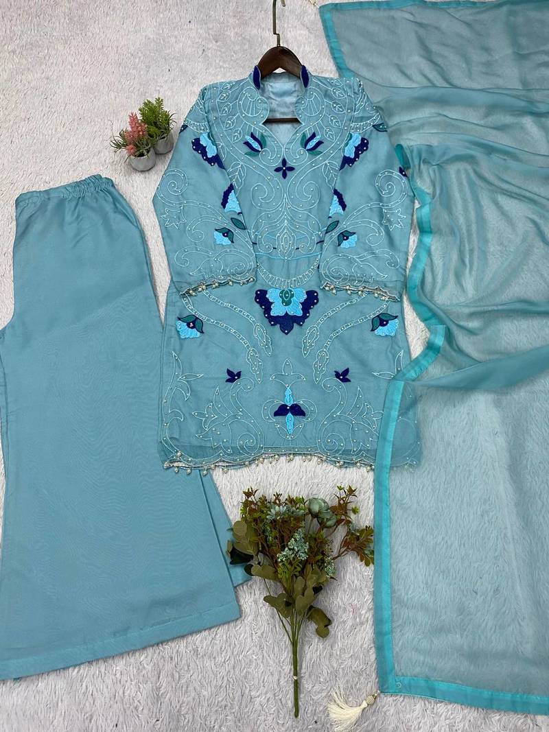 Sky blue soft organza embroidered palazzo suit set