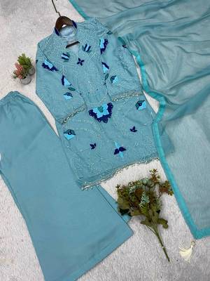 Sky blue soft organza embroidered palazzo suit set 4