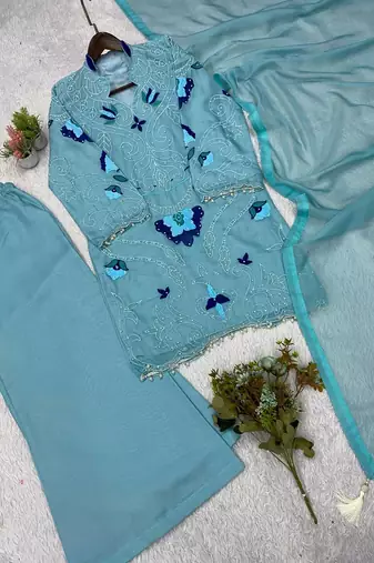Sky blue soft organza embroidered palazzo suit set