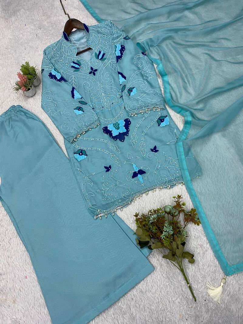 Sky blue soft organza embroidered palazzo suit set