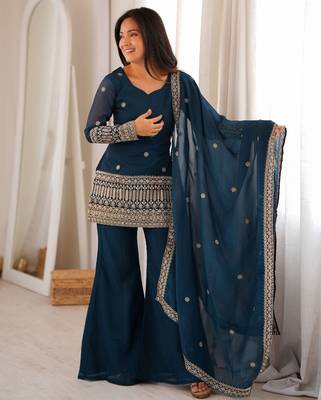 Teal blue crunchy silk blend embroidered bell bottom suit set 1