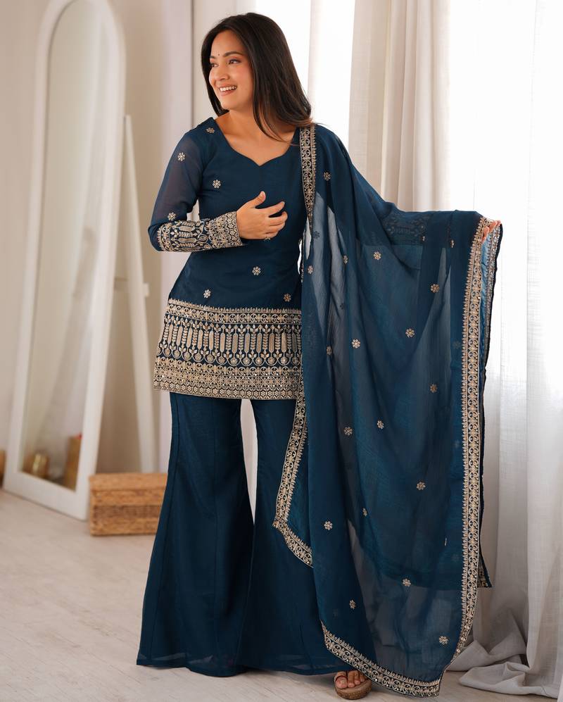 Teal blue crunchy silk blend embroidered bell bottom suit set