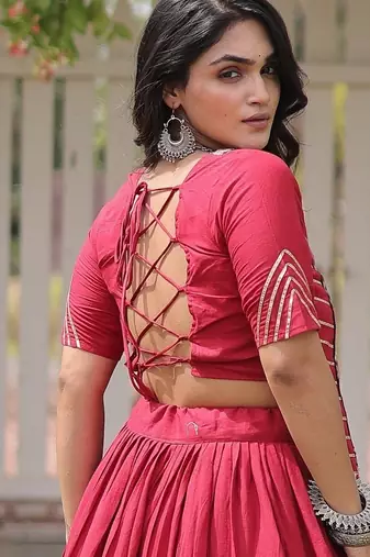 RED Kora Cotton Navratri Lehenga Choli with Kutchi Patch Work | Fully Stitched Chaniya Choli for Navratri