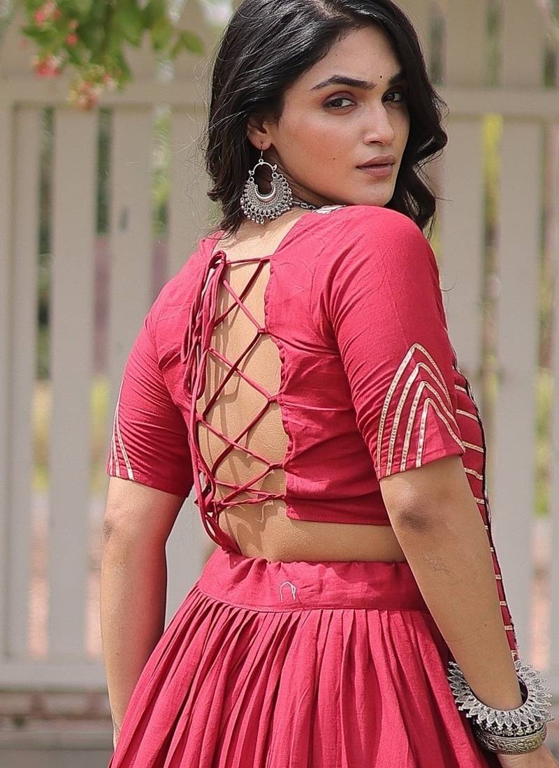 RED Kora Cotton Navratri Lehenga Choli with Kutchi Patch Work | Fully Stitched Chaniya Choli for Navratri