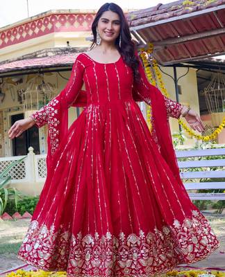 Red fox georgette embroidered gown set 1