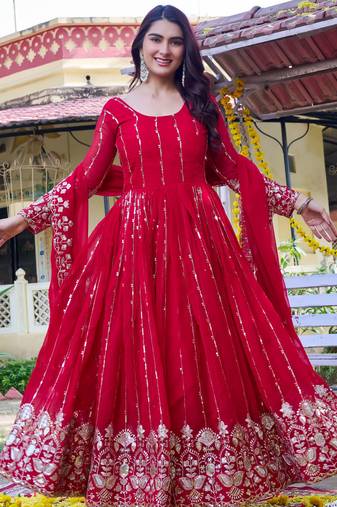 Red fox georgette embroidered gown set