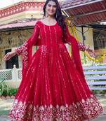 Red fox georgette embroidered gown set