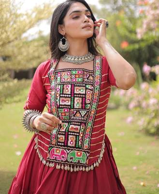 RED Kora Cotton Navratri Lehenga Choli with Kutchi Patch Work | Fully Stitched Chaniya Choli for Navratri 5