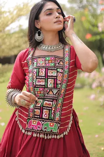 RED Kora Cotton Navratri Lehenga Choli with Kutchi Patch Work | Fully Stitched Chaniya Choli for Navratri