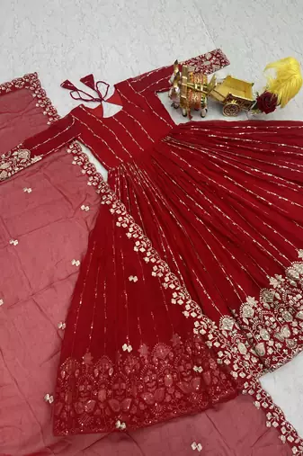 Red fox georgette embroidered gown set