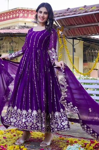 Purple fox georgette embroidered gown set