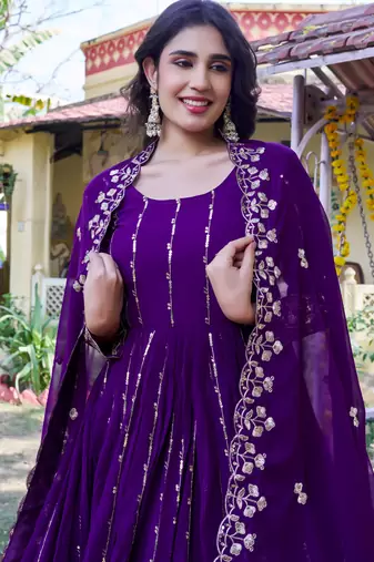 Purple fox georgette embroidered gown set