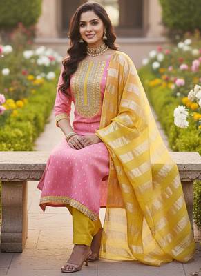 pink weaved shimmer jacquard butti unstitched dress material  3