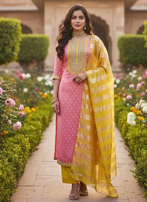 pink weaved shimmer jacquard butti unstitched dress material  4