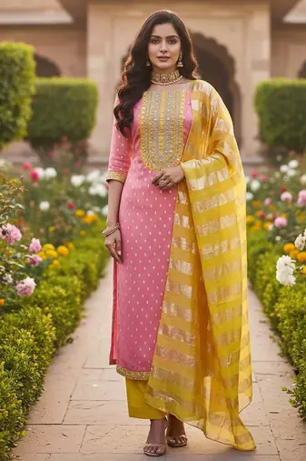 pink weaved shimmer jacquard butti unstitched dress material 