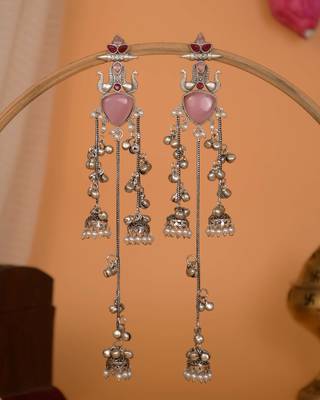 Oxidised Silver Look Multi Layer Long Chain Jhumka Earrings for Women with Artificial Stones 1