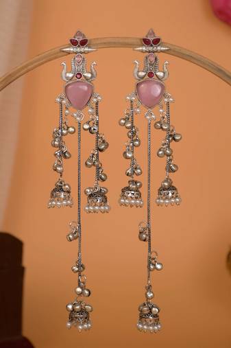 Oxidised Silver Look Multi Layer Long Chain Jhumka Earrings for Women with Artificial Stones